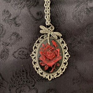 Black & red rose necklace with dragonfly charm